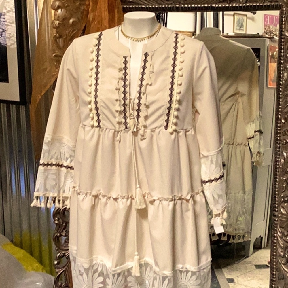 Bohemian Cream Dress with Lace and Tassels easy fit. New without tags